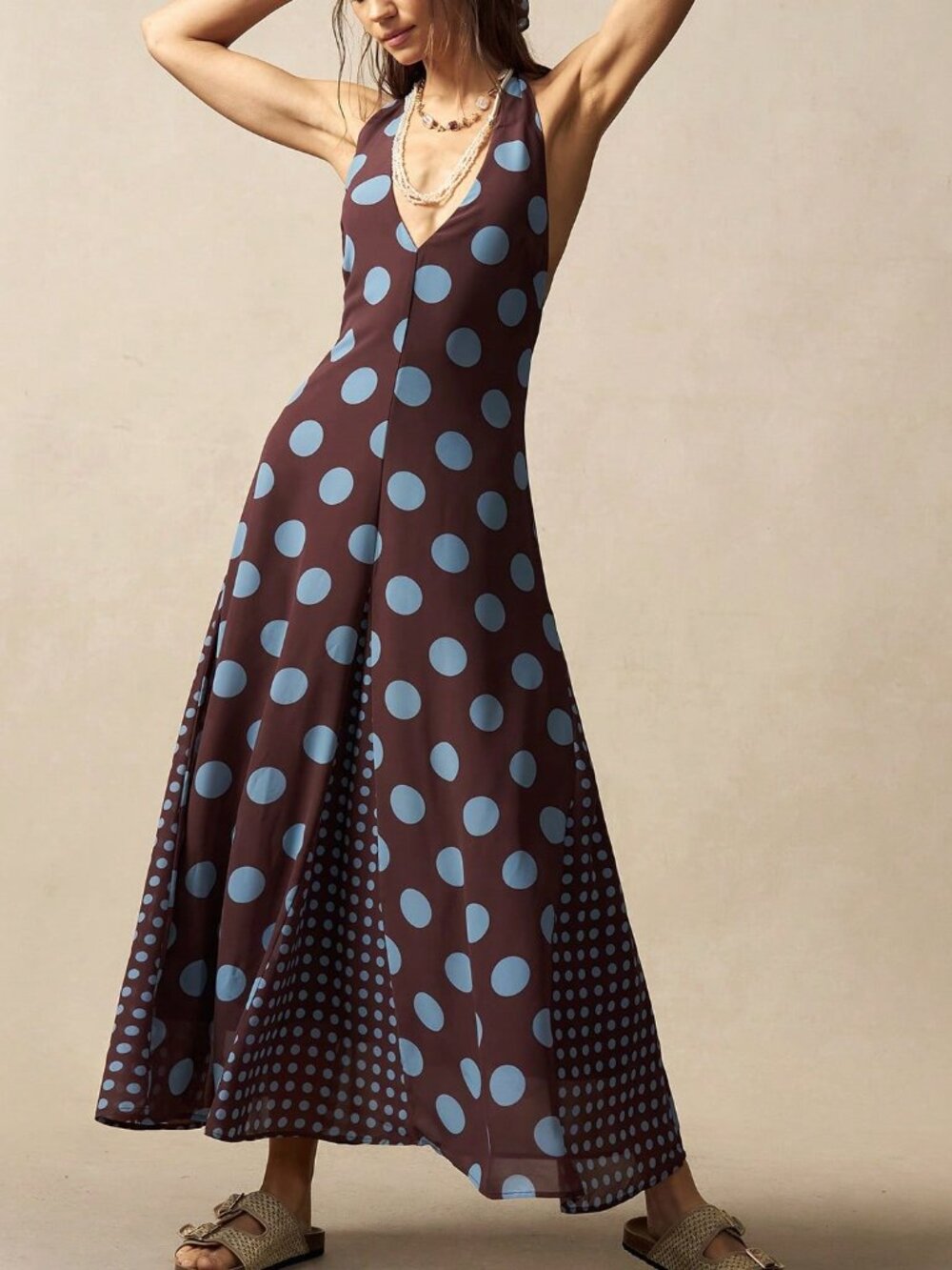 Brown Boho Women's Backless Split Thigh Long Halter Dress